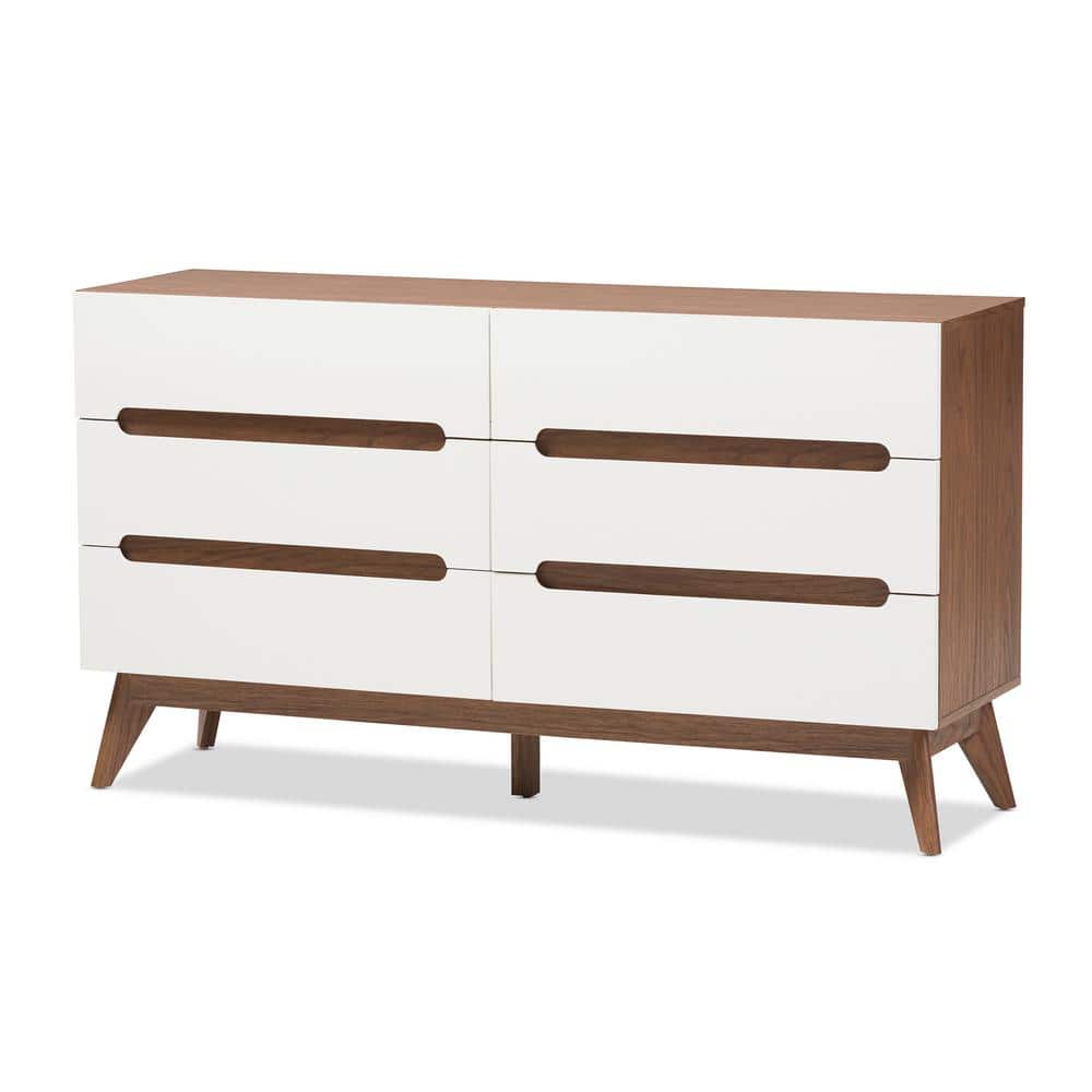 Calypso Mid-Century White and Walnut 6-Drawer Dresser