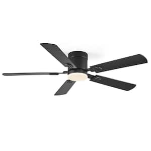 52 in. Outdoor/Indoor Black and Walnut Flush Mount Ceiling Fan with Light and Remote 5 Double Finish Blades