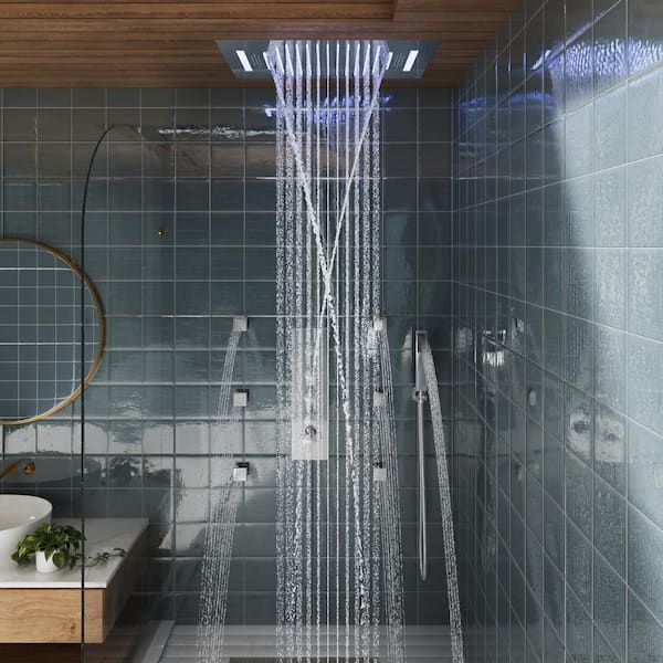 4-Spray 23 in. Dual Shower Head and Handheld Shower Head Ceiling Mount 2.5 GPM with 6-Body Jets, LED, and Music, Chrome