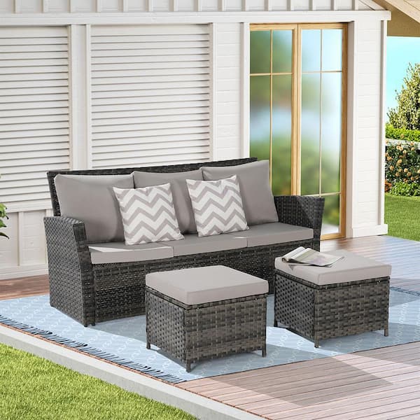 Sudzendf 3-Piece Wicker Outdoor Conversation Patio Furniture Set with Light Gray Cushions
