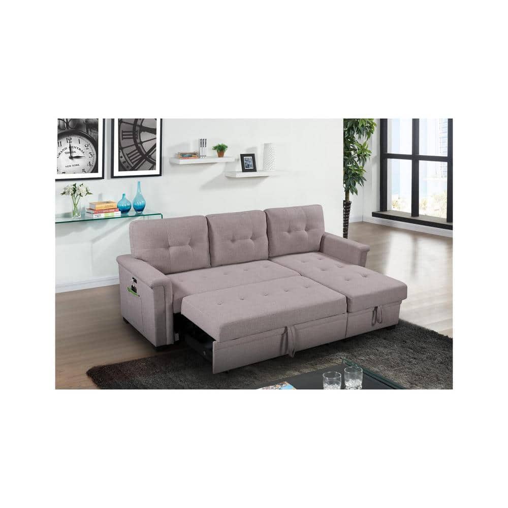 Ashlyn Light Gray Tufted Fabric Sectional with USB Ports and Storage