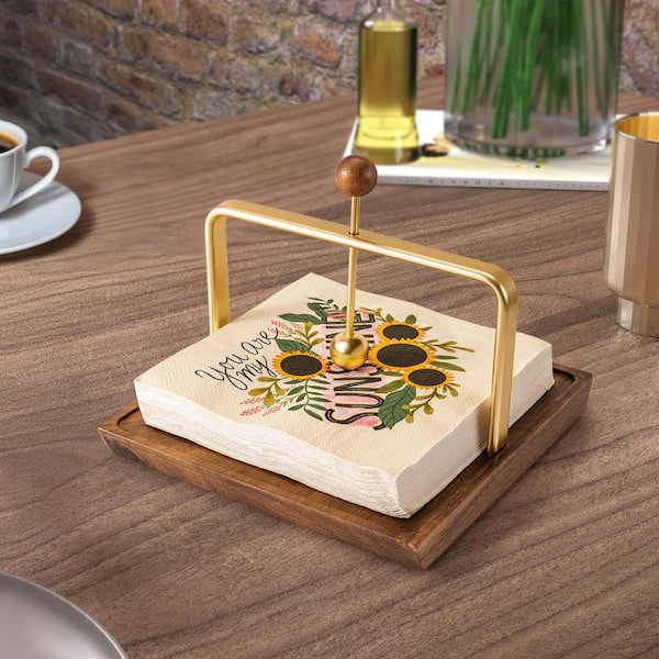 Wood Napkin Holder Dispenser for Table, Square Tabletop Servilleteros Para Mesas with Sophisticatedly Metal Center Bar