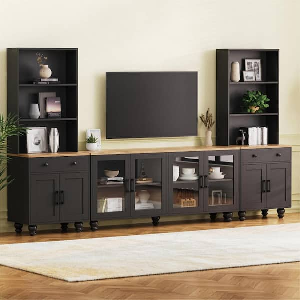 Clihome Black Farmhouse TV Stand with Solid Wood Gourd-Shaped Legs for ...