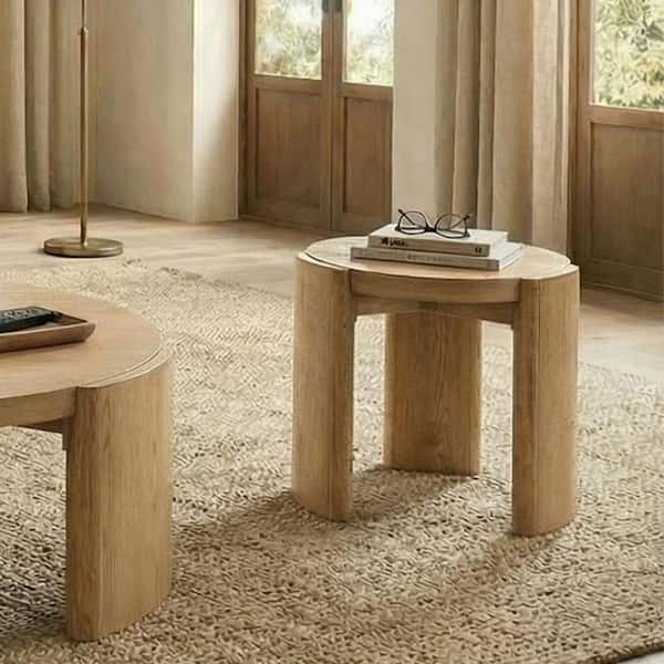 20 in. Oak Round Engineered Wood End Table with Marble Top Top