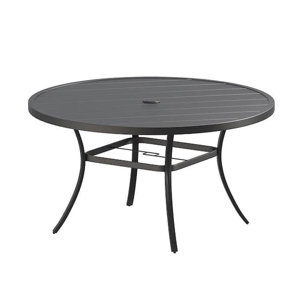 Tenleaf Black Metal 53 in. All Weather Round Outdoor Dining Table with 1.57 in.-1.90 in. Umbrella Hole for 8 People