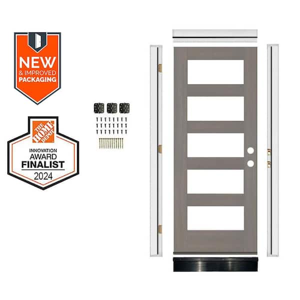 Krosswood Doors DIY 32 in. x 80 in. Modern Hemlock Left-Hand 5-Lite Clear Glass Grey Stain Wood Front Door Kit w/ Quick Assemble Jamb