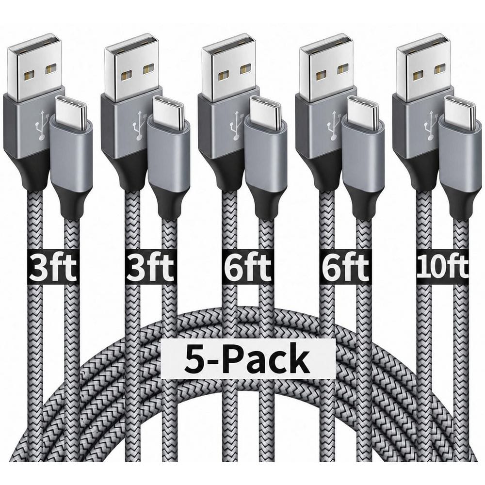 5 Pack USB-A to USB-C Fast Charging Cables for iPhone 17/16/15, Galaxy, Pixel, Moto G, Gray, Data Sync price history on PriceWatchPro