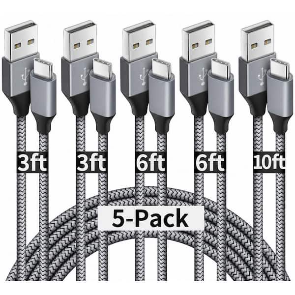 5 Pack USB-A to USB-C Fast Charging Cables for iPhone 17/16/15, Galaxy, Pixel, Moto G, Gray, Data Sync