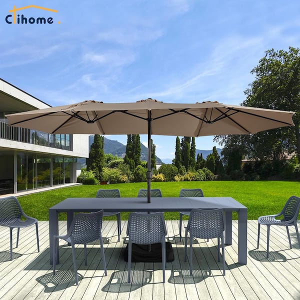 15 ft. Steel Patio Umbrella in Tan, with Base and Sandbags, Weather-Resistant