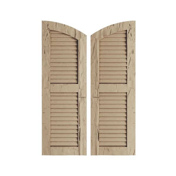 Ekena Millwork 18 x 30 in. Timberthane Polyurethane Hand Hewn 2-Equal Louvered with Elliptical Top Faux Wood Shutters Pair in Primed