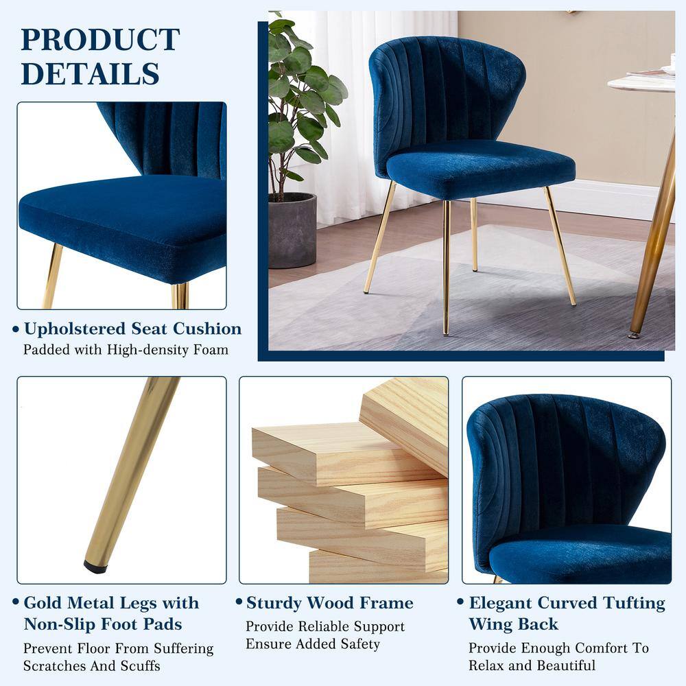 Navy Blue Velvet Upholstered Side Chair with Golden Metal Legs