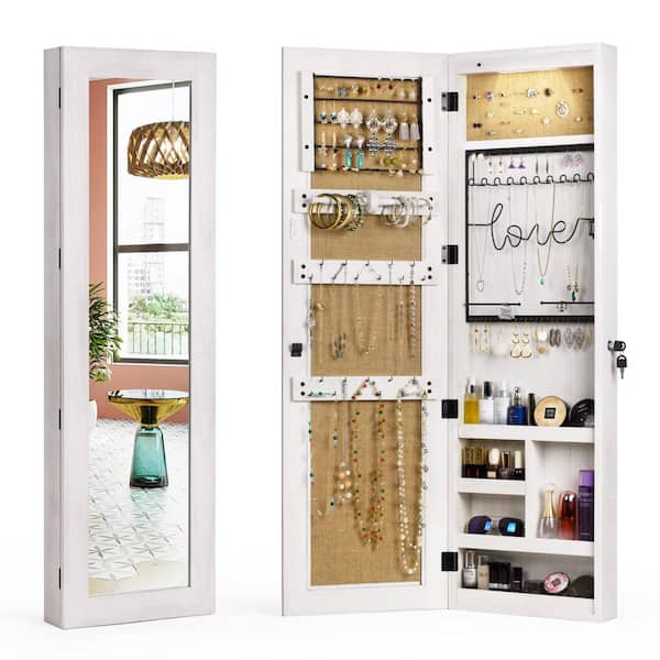 Afoxsos 47.2 in. Washed White Jewelry Armoire, Lockable Tall Mounted Mirror Cabinet w/ Full-Length Mirror, Drawers & Lights