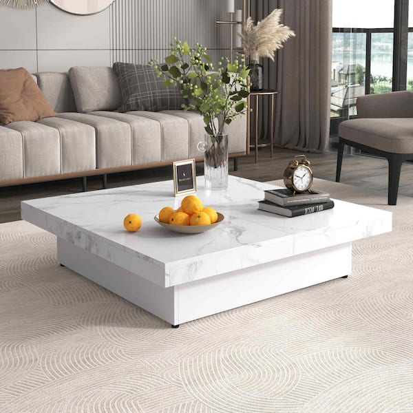 Polibi 39.4 in. White Square MDF Coffee Table with 2 Drawers