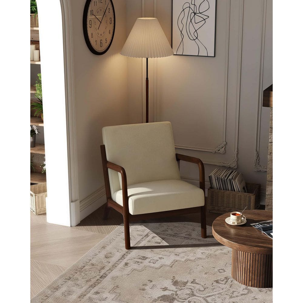 Mid-Century Beige Chenille Upholstered Arm Chair Set of 1 with Lumbar Pillow and Solid Wood Frame price history on PriceWatchPro