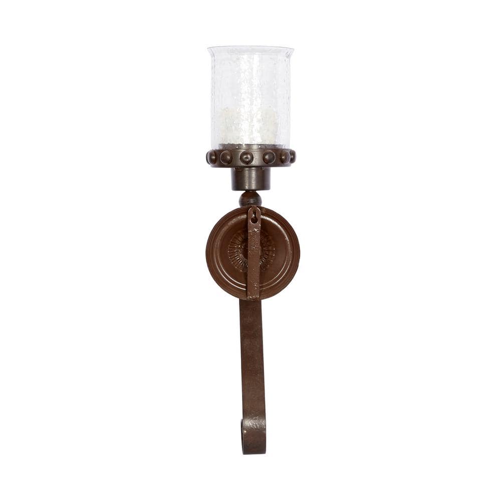 Brown Metal Scroll Wall Sconce with Glass Hurricane