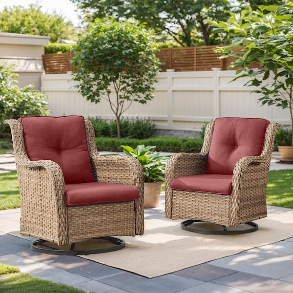Swivel Glider Yellow Wicker Outdoor Lounge Chair with Red Cushions (2-Pack)