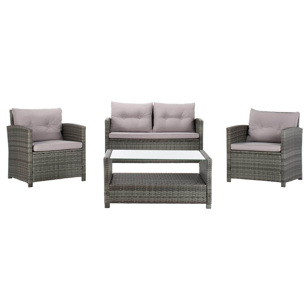 Vellor Gray Wicker 4-Piece Outdoor Patio Set with Cushions