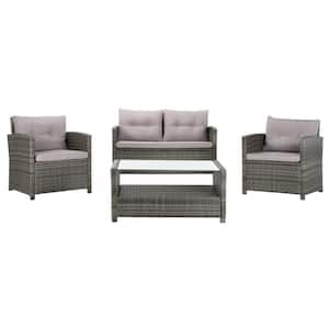 Vellor Gray 4-Piece Wicker Patio Conversation Set with Gray Cushions