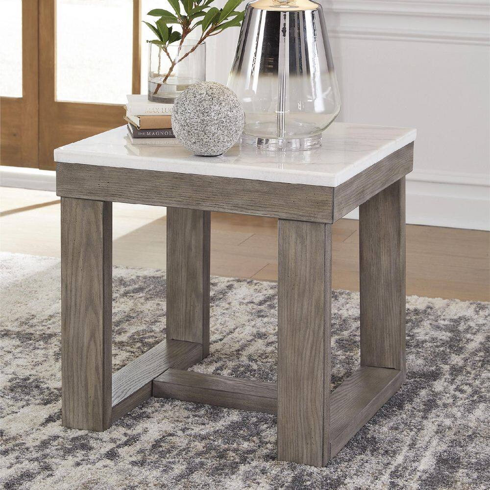 Loyaska 24 in. Brown/Ivory Square Marble End Table with Trestle Base - thumbnail 8