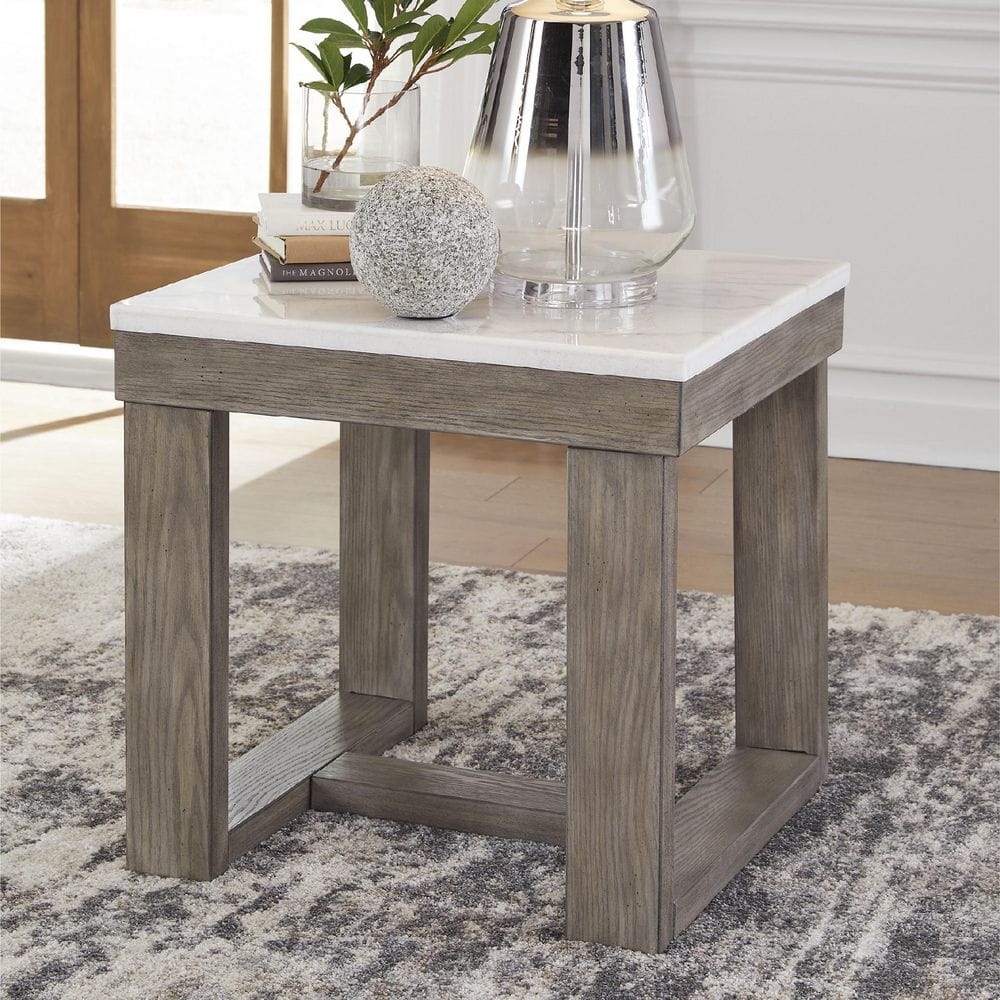 Loyaska 24 in. Brown/Ivory Square Marble End Table with Trestle Base - thumbnail 5