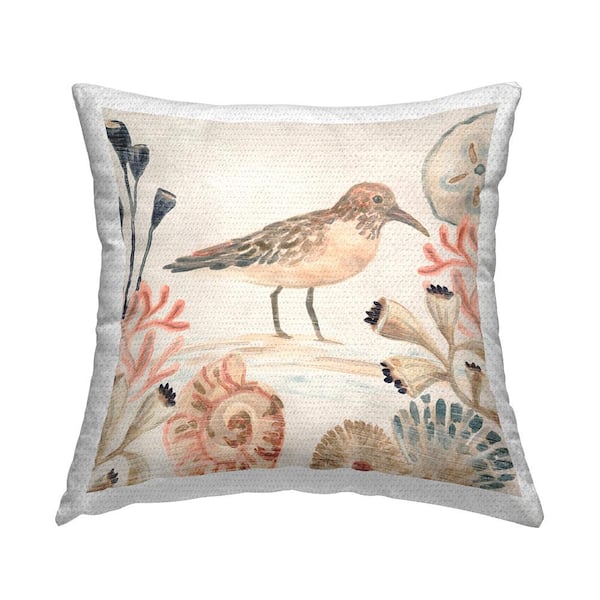 Bird on Shoreline Beige Square Outdoor Throw Pillow