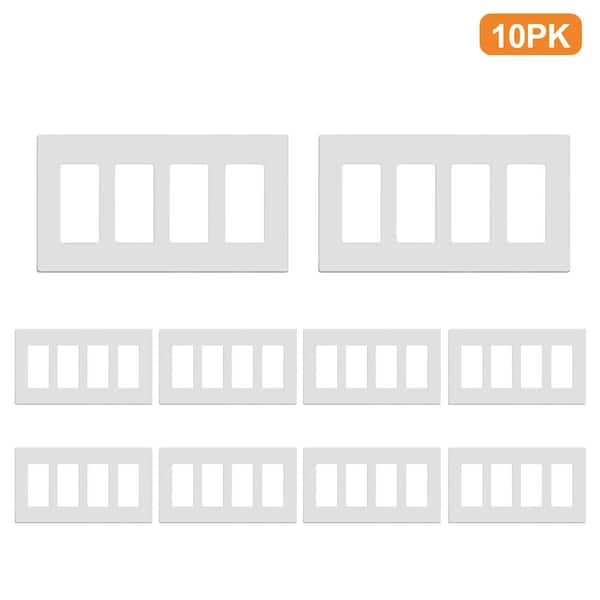 10-PACK 4-Gang White Decorator/Rocker Switch Polycarbonate Screwless Wall Plate Cover