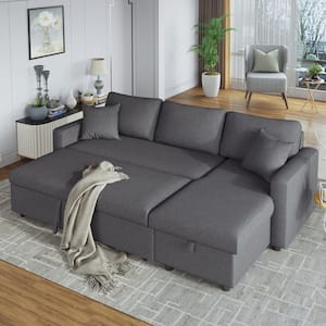 85 in. W Gray Polyester Fabric Full Size 3 Seats Reversible Sectional Sofa Bed with Storage