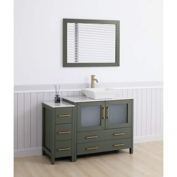 48 in. W Single Basin Vintage Green Bath Vanity with White Engineered Marble Top and Mirror