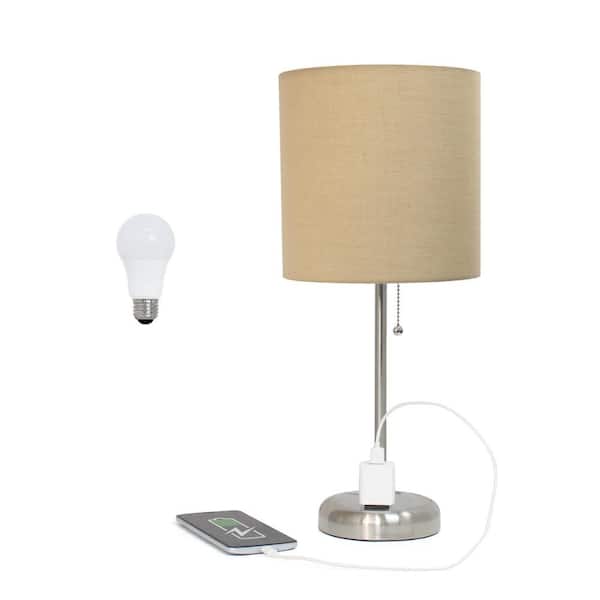 Creekwood home Oslo 19.5 in. Contemporary Bedside Power Outlet Base Metal Table Lamp in Brushed Steel, Tan Shade, with LED Bulb