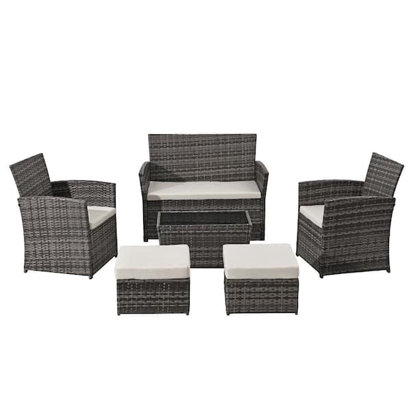 JUSKYS 6-Pieces Mixed-Gray Wicker Outdoor Patio Furniture Conversation Set with Beige Cushions and Coffee Table, Ottomans