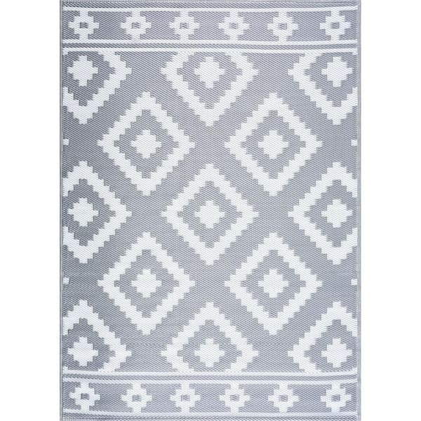 Milan Gray White 6 ft. x 9 ft. Modern Reversible Recycled Plastic Indoor/Outdoor Area Rug-Floor Mat