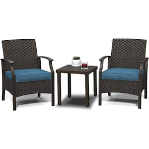 3-Piece Wicker Patio Conversation Set Sectional Seating Set Side Table Set with Blue Cushions