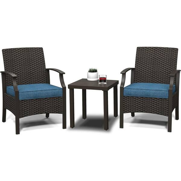 Mondawe 3-Piece Wicker Patio Conversation Set Sectional Seating Set Side Table Set with Blue Cushions