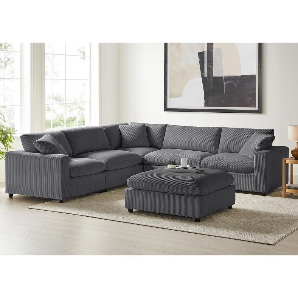 Casella 120 in. Square Arm 6-Piece Corduroy Fabric Modular Sectional Sofa i