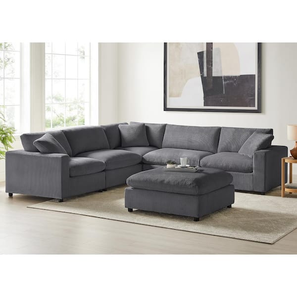 Casella 120 in. Square Arm 6-Piece Corduroy Fabric Modular Sectional Sofa in Charcoal Corduroy