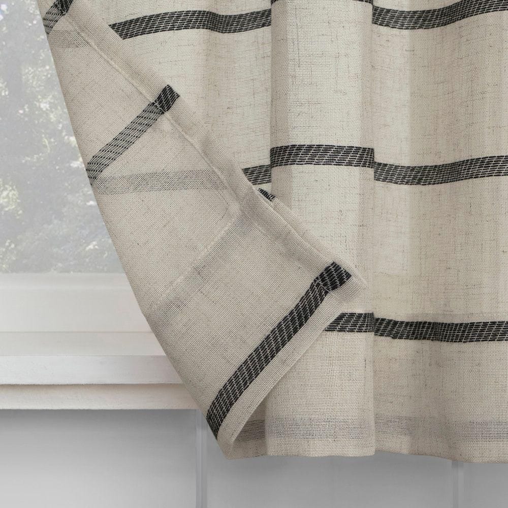 Black and Beige Linen Blend Twill Stripe Sheer Kitchen Curtain Pair