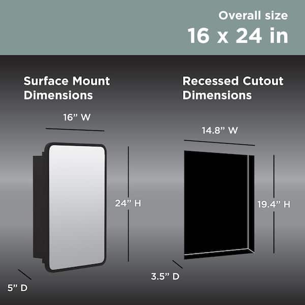 Glacier Bay 16 in. W x 24 in. H Rounded Corner Rectangular Matte Black Medicine Cabinet with Mirror
