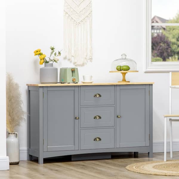 COWLOWN Gray Wood Pantry Organizer, Buffet Cabinet with Rubber Wood Top, Drawers, Adjustable Shelves