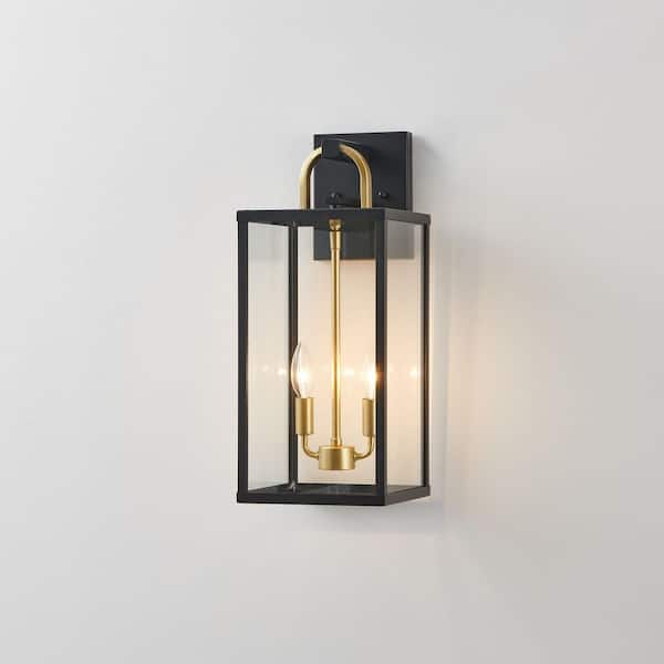 Black and Gold Wall Lantern Outdoor Sconce-20.12 in. with Clear Glass Shade