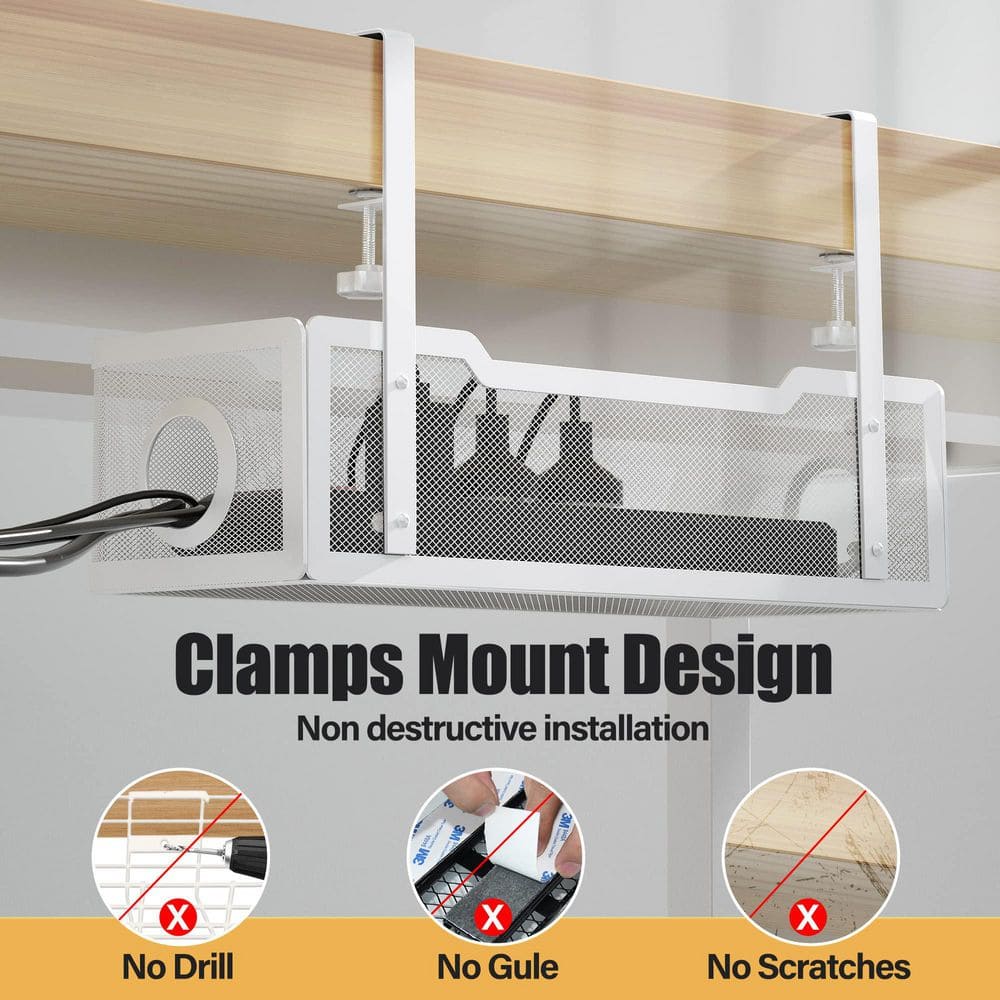 Under Desk Cable Management Tray Wire Organizer White No Drill Clamp Cord Organization for Office Home - Thumbnail 3