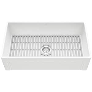 Matte Stone White Composite 33 in. Single Bowl Farmhouse Apron-Front Kitchen Sink with Strainer and Silicone Grid