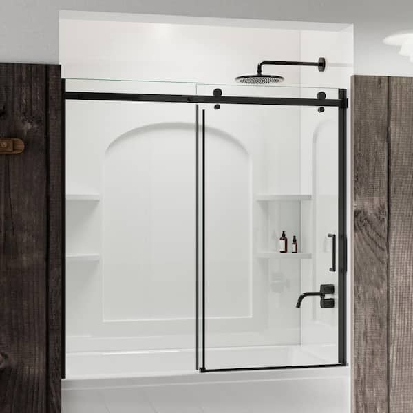Luxury 56- 60 in. W x 58 in. H Sliding Semi-Frameless Tub Door in Matte Black with 5/16 in. Tempered Clear Glass (8mm)