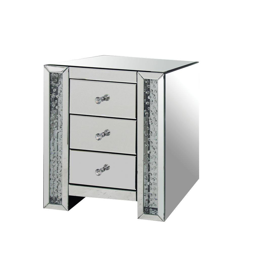 Round Mirrored Wood and Glass Accent Table with Storage
