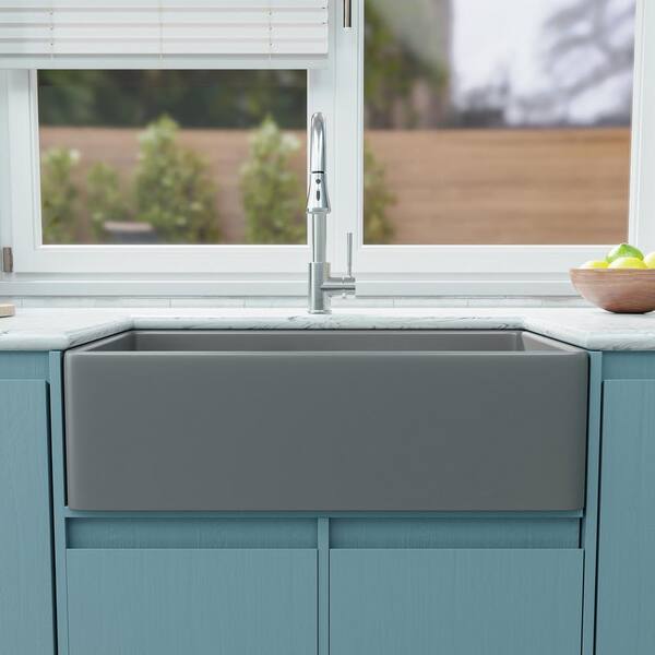 Kuomih Gray Fireclay 33 in. Single Bowl Farmhouse Apron