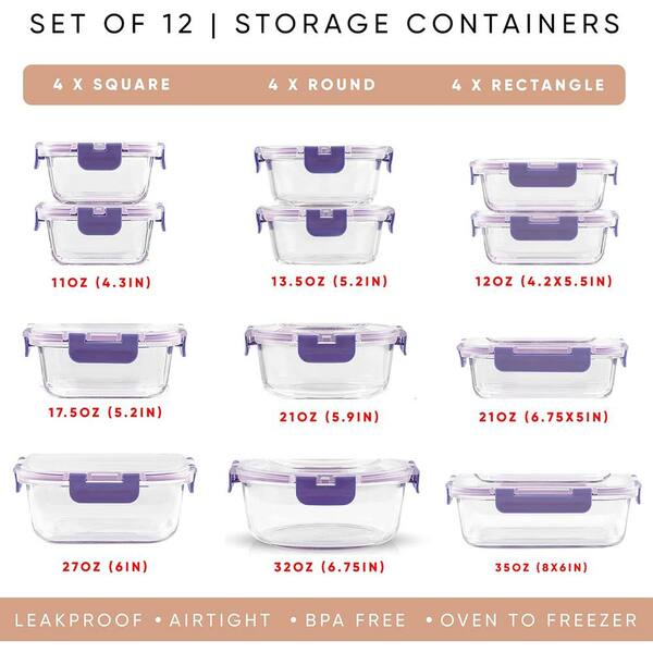 Aoibox 24-Piece Borosilicate Glass Storage Containers with Lids, 12-Airtight, Freezer Safe Food Storage Containers, Purple, Clear