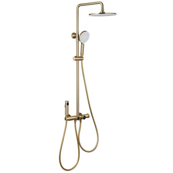 Boyel Living Thermostatic Shower 3-Spray 10 in. Dual Shower Head Wall Mount Fixed and Handheld Shower Head 2.64 GPM in Brushed Gold