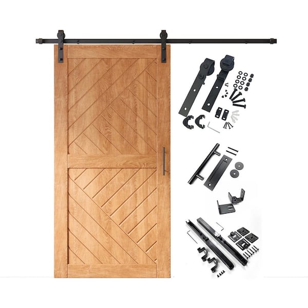 HT 40 in. x 84 in. C-Panel Early American Geometric Design Solid Pine Wood Sliding Barn Door with Hardware Kit