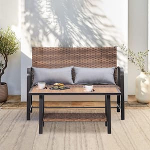 Brown 2-Piece Wicker Patio Conversation Seating Set with 2 Comfortable and Durable Lumbar Pillows