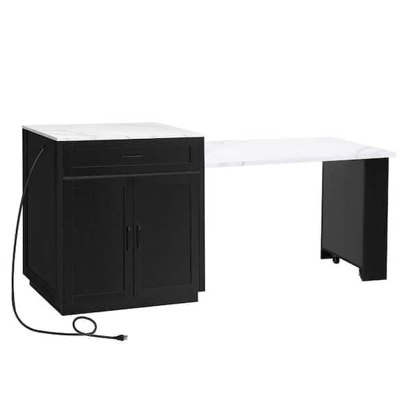 Black Marble 82.7 in. Kitchen Island with Extendable Dining Table for 4-6 Person, 2-Tone Kitchen Table
