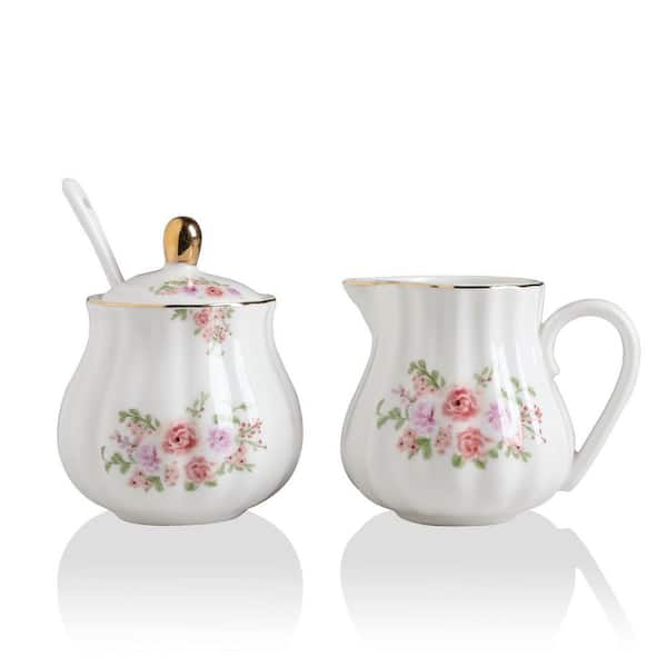 8 fl oz. White Ceramic Sugar Bowl and Creamer Set with Cream Pitcher (Set of 2), Sugar Set with Lid and Spoon